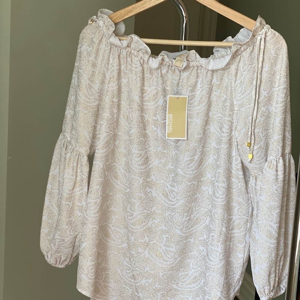 MICHAEL KORS Off-the-Shoulder Top Ruffled Women's Blouse Tunic white/gold M